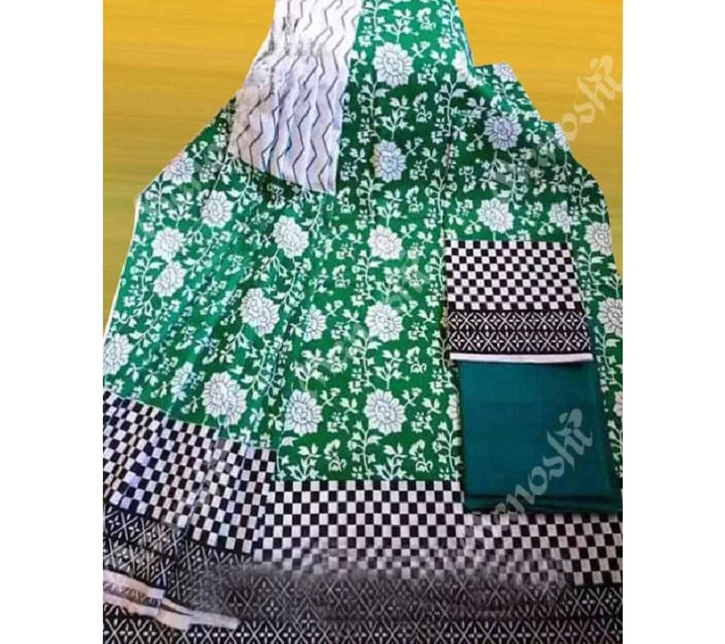Unstitched Block Printed Three Piece for Women New Green Color