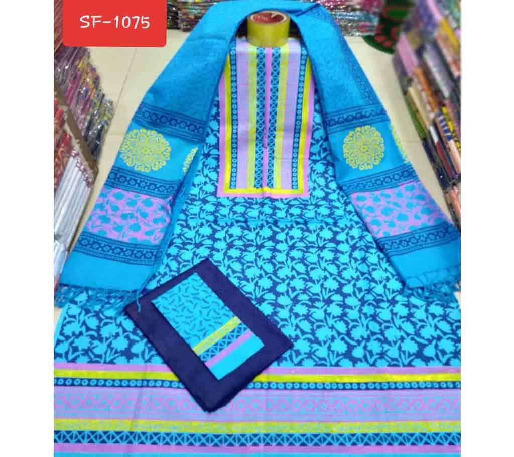 Block Printed Unstitched Cotton Three Piece - Sky Blue 
