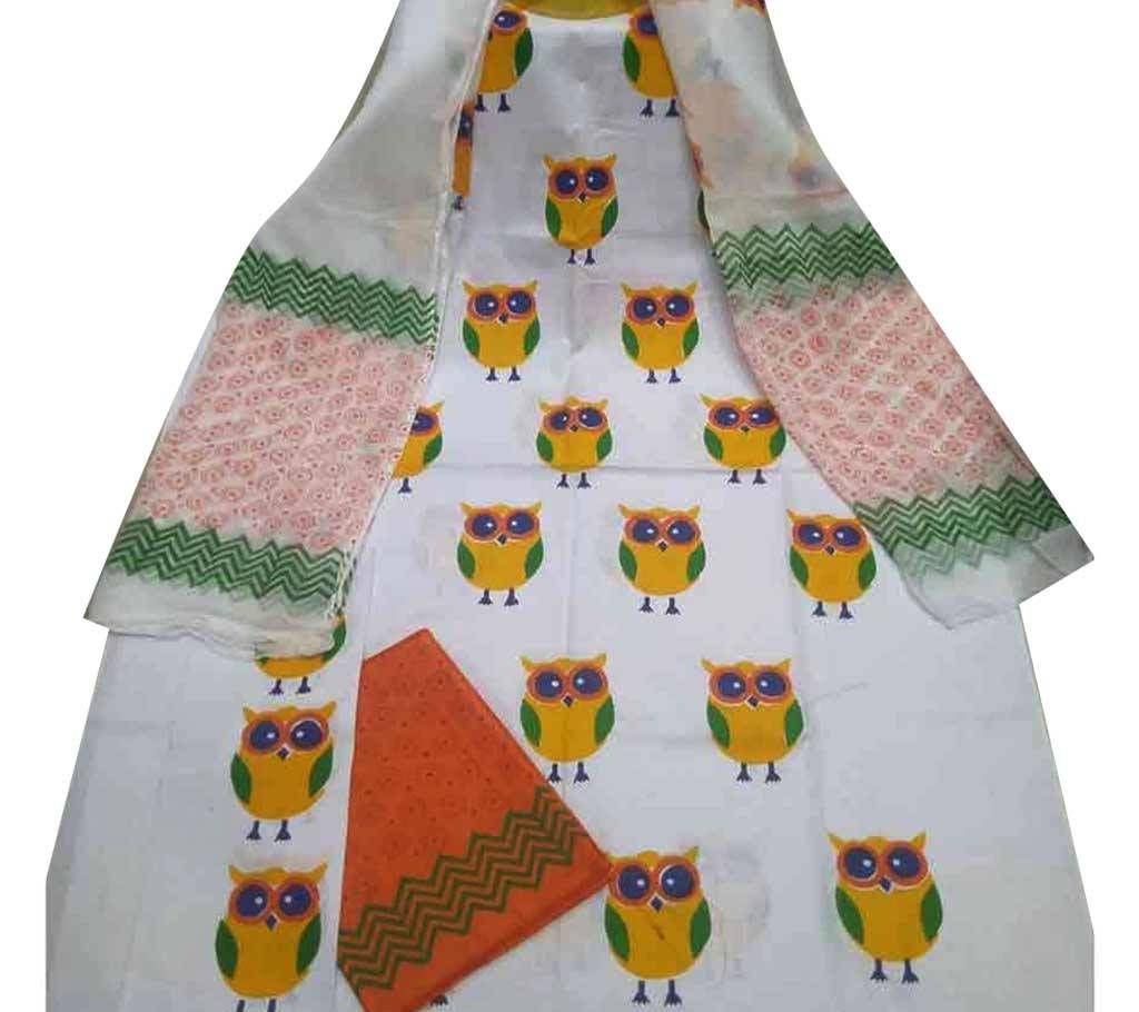 ব্লক প্রিন্টেড আনস্টিচড কটন থ্রি পিস - White 