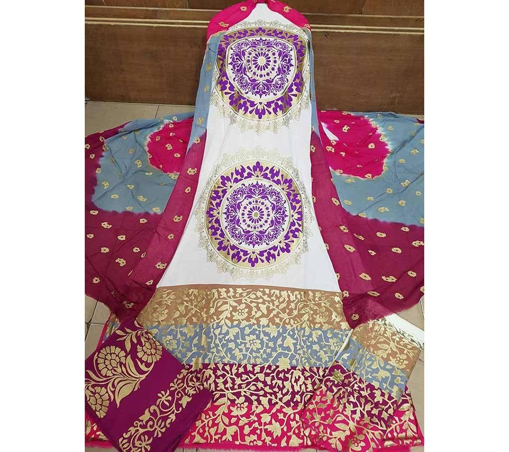 screen printed Unstitched linen three piece 