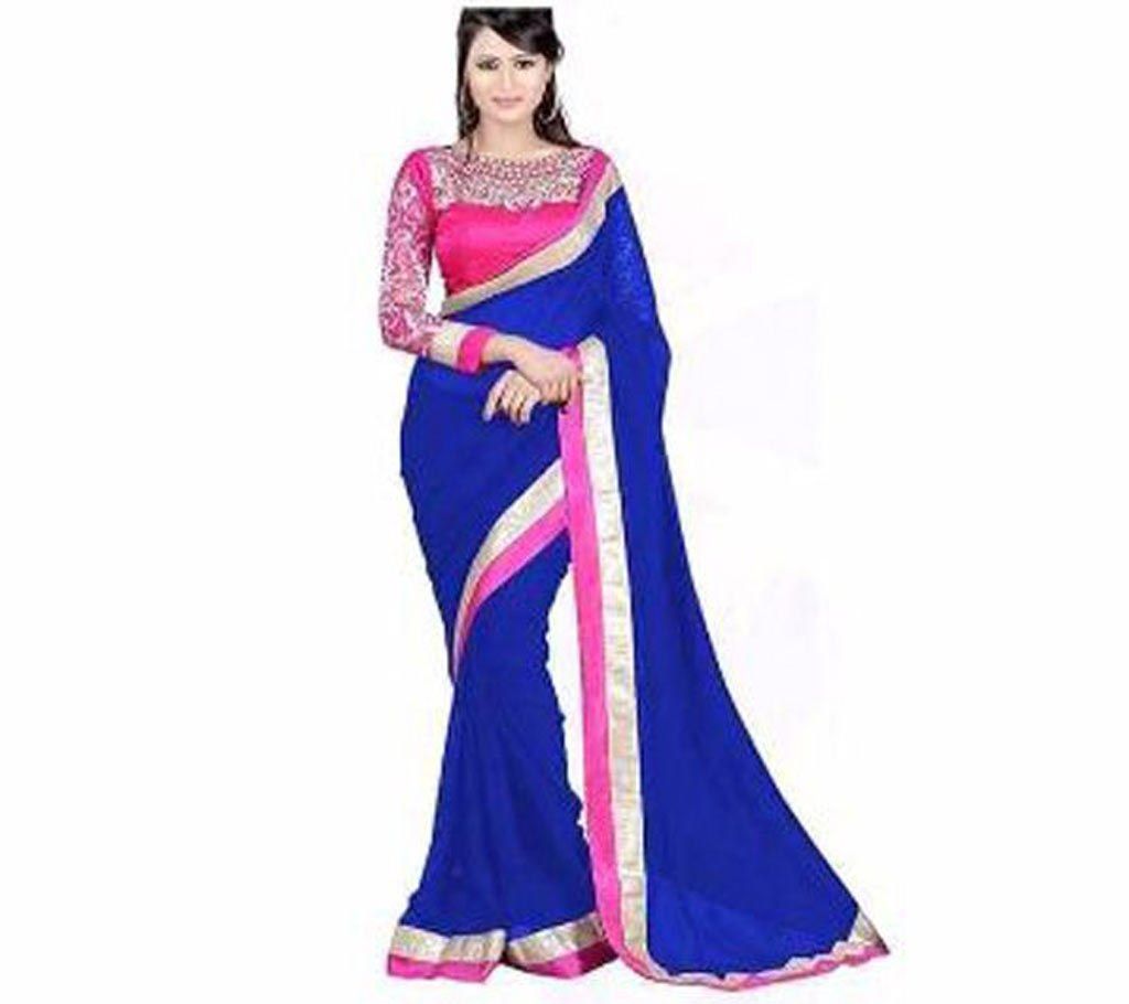 Blue and pink contrast soft georgette sharee