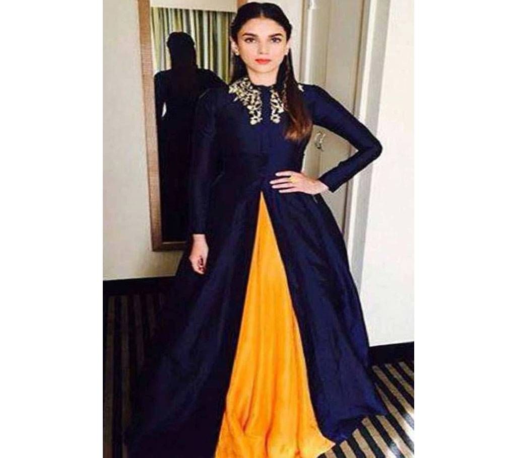 Navy Blue Embroidered Semi Ready Dress with Skirt