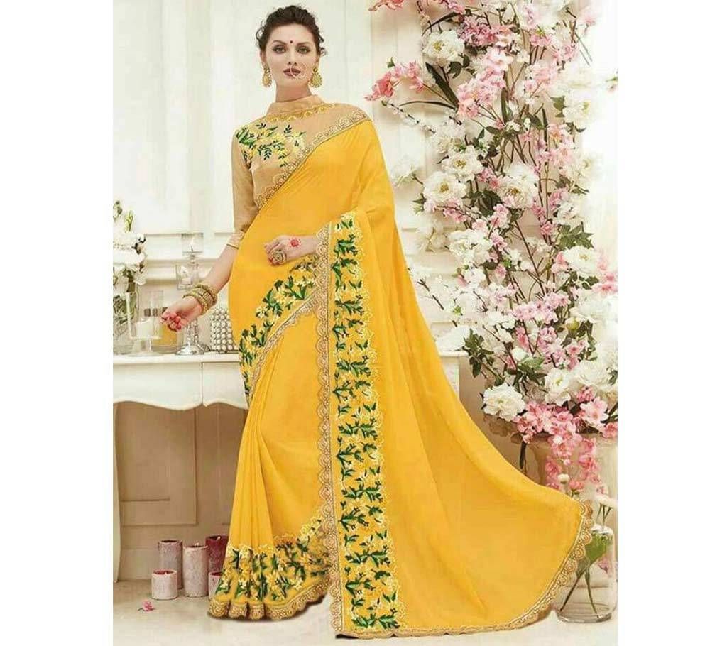 INDIAN YELLOW GREEN GEORGETTE SAREE FOR WOMEN