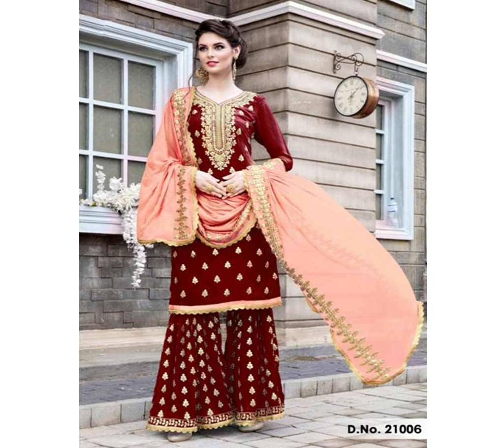 Unstitched Maroon Designe Sharara Salwar Suit with Heavy Work
