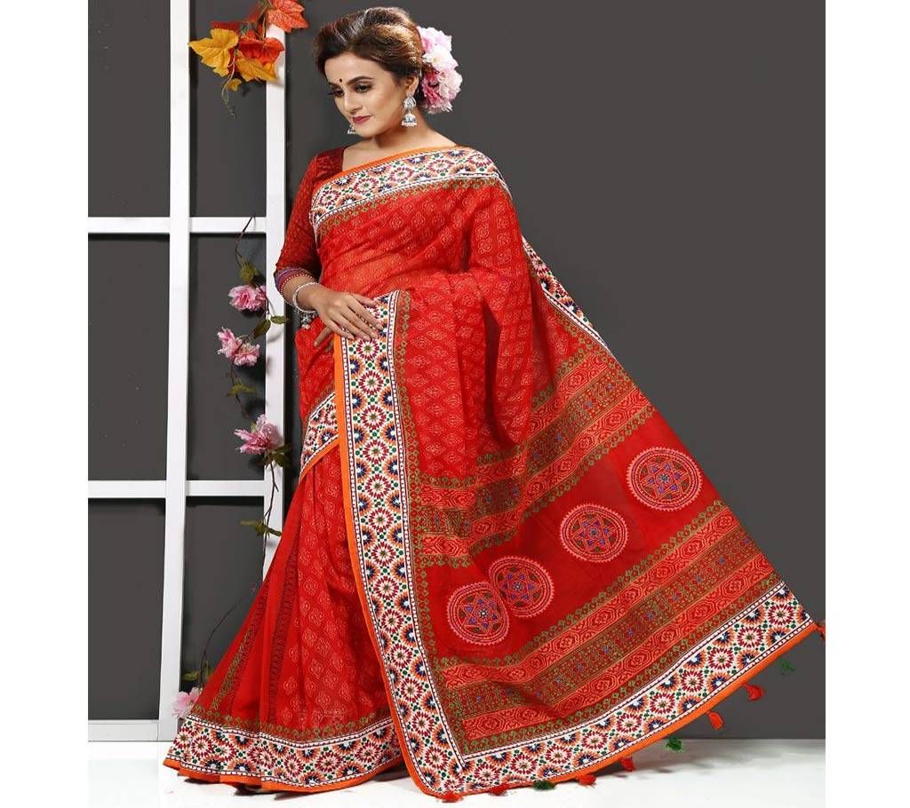 Red Orange with Beautiful Design in Whole Body and Off White with Orange and Multi Color Design in Paar Silk Sharee - 125