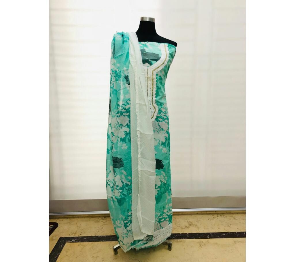 Eshani Aqua Green with Aqua Green and Cream Mix Dupatta Cotton 3Pcs