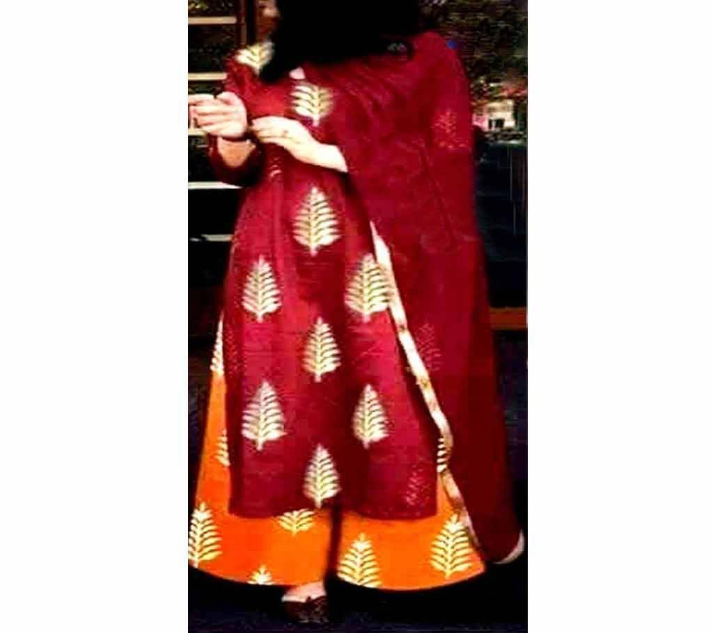 Unstitched Cotton Block Three Piece  - Maroon Color with Gold Color Big Leaf Block print - DNO391