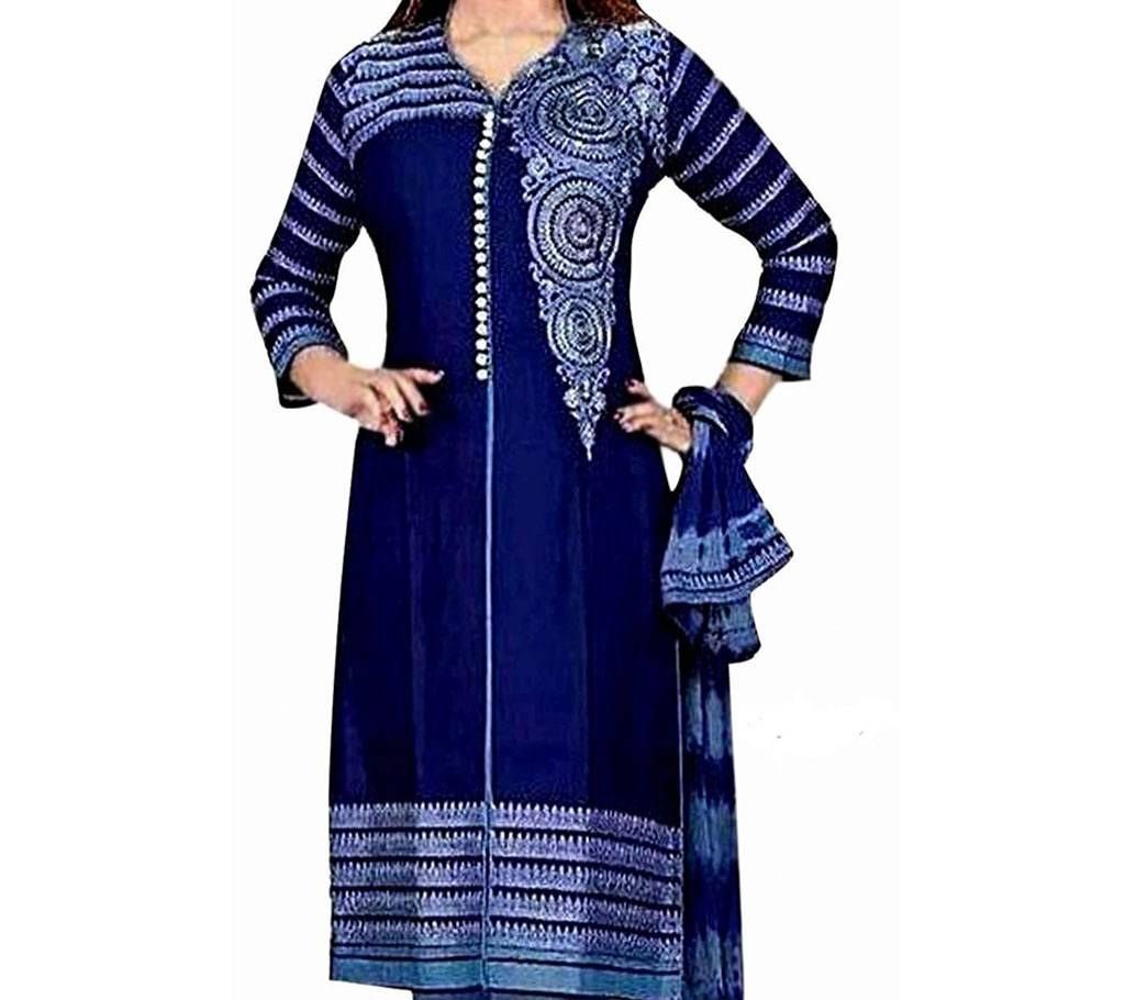 Blue Block Print Unstitched Three Piece For Women