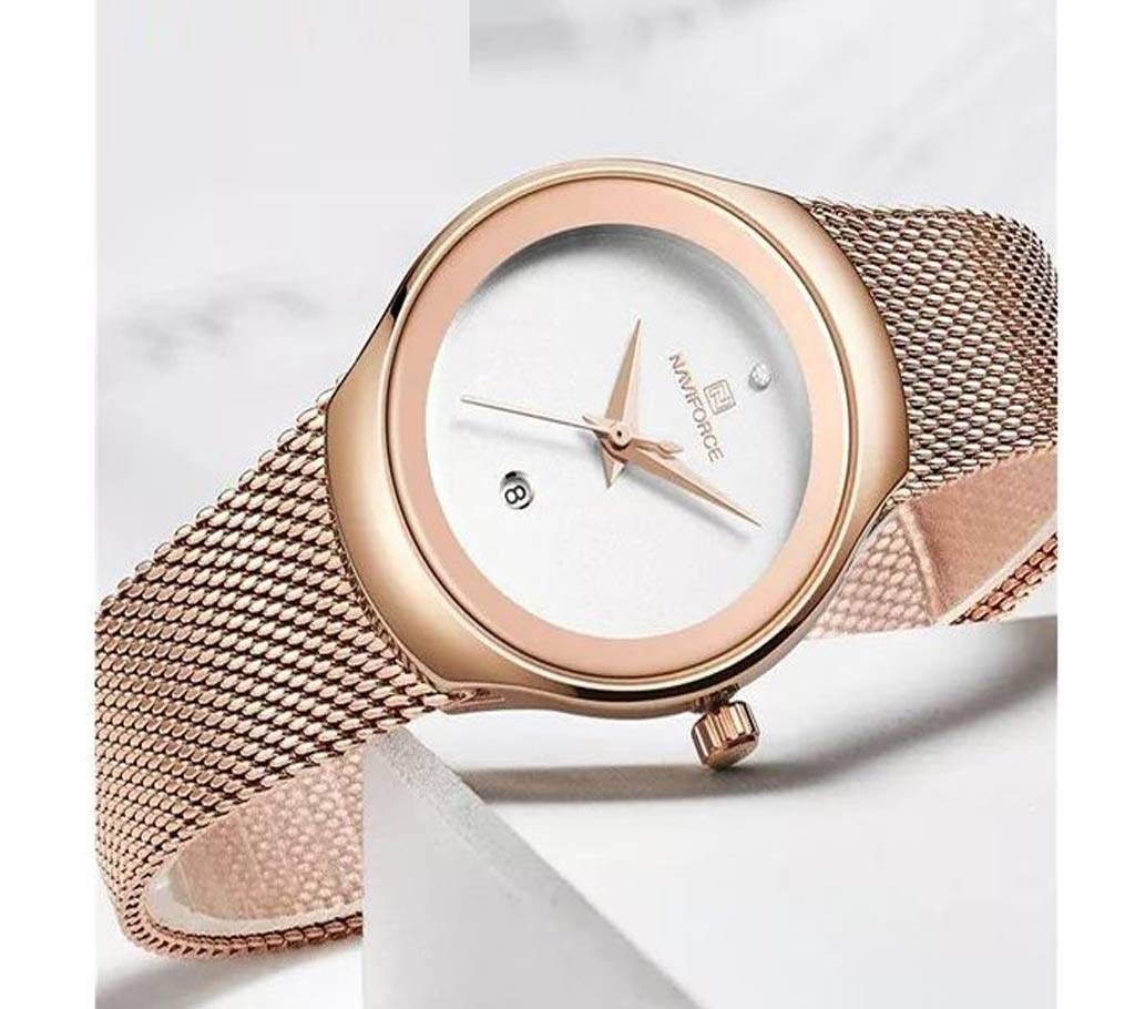 NAVIFORCE NF5004 RoseGold Mesh Stainless Steel Analog Watch For Women - White & RoseGold