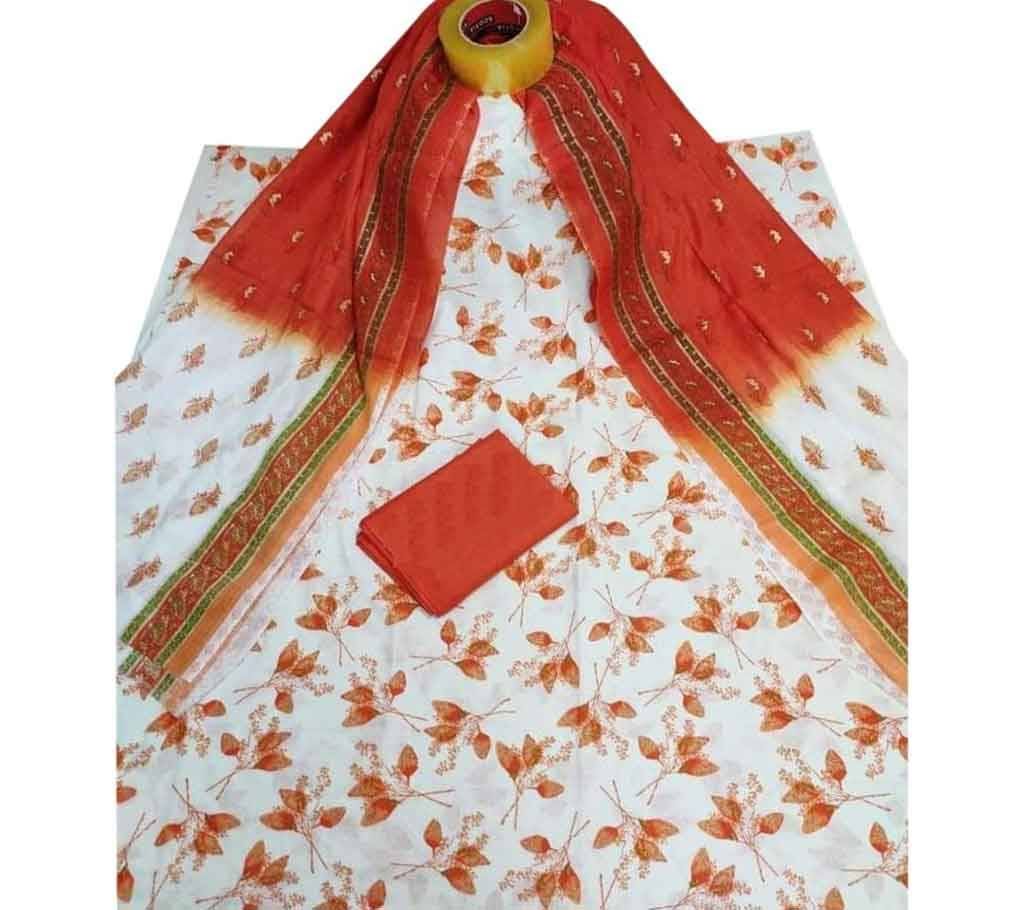 Latest white and orange Screen Printed 3 piece Salwar Kameez for Women