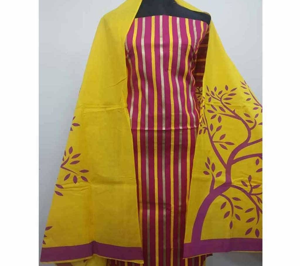 Unstitched Skin Print Salwar Kameez Yellow Red Stripe Three-Pcs