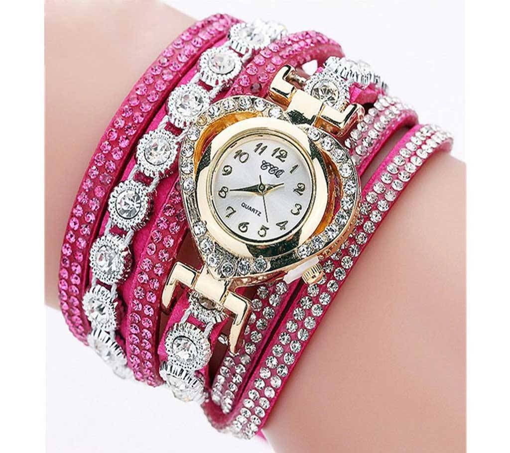 Ladies Bracelet Watch Stone Work-Pink