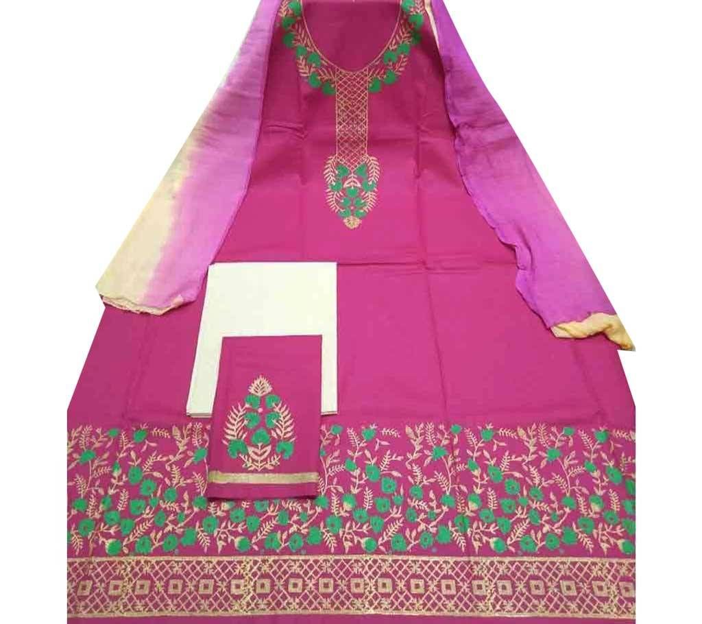 ব্লক প্রিন্টেড আনস্টিচড কটন থ্রি পিস - Pink 