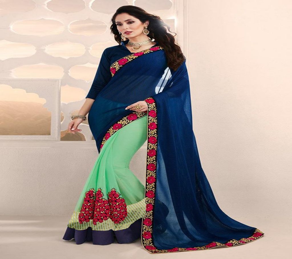 Sea Green & Navy Georgette Saree With Blouse Piece