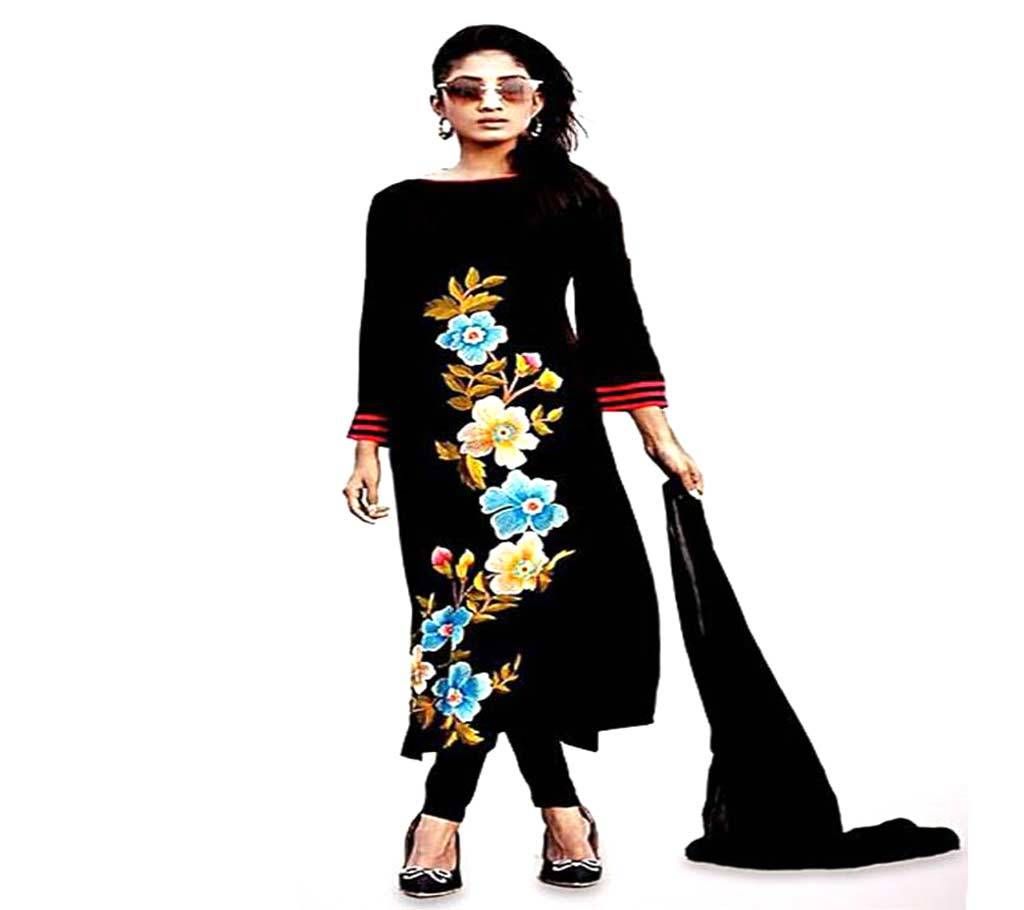 Unstitched Black Cotton Block Printed Shalwar Kameez 