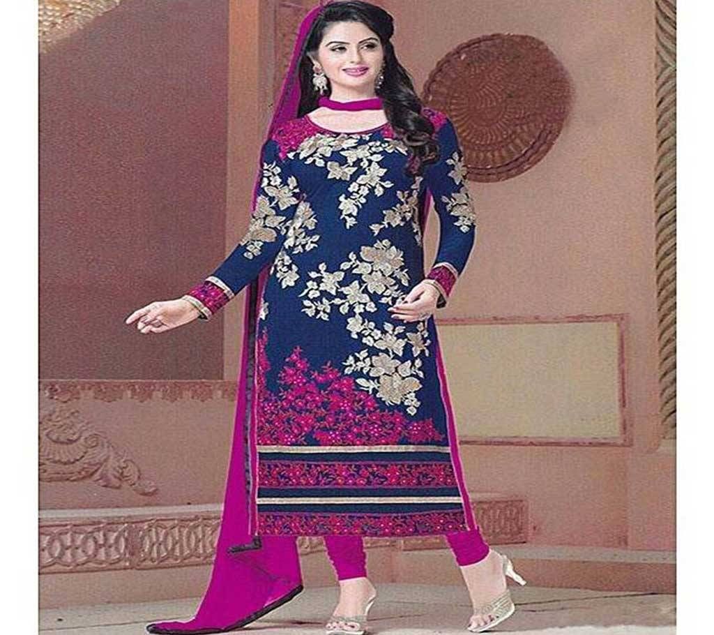 Unstitched Navy Blue And Dark Magenta Cotton Three Piece 