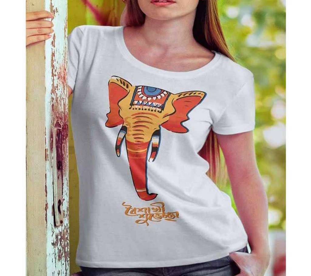 White T-Shirt with Baishakhi Haati Design for Women  
