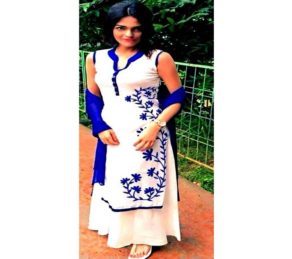 Cotton Block 3pc - White Color with Blue Color Block printed