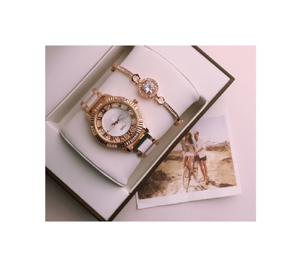 Rolex White with Golden Ladies Watch with Bracelet (Master Copy)