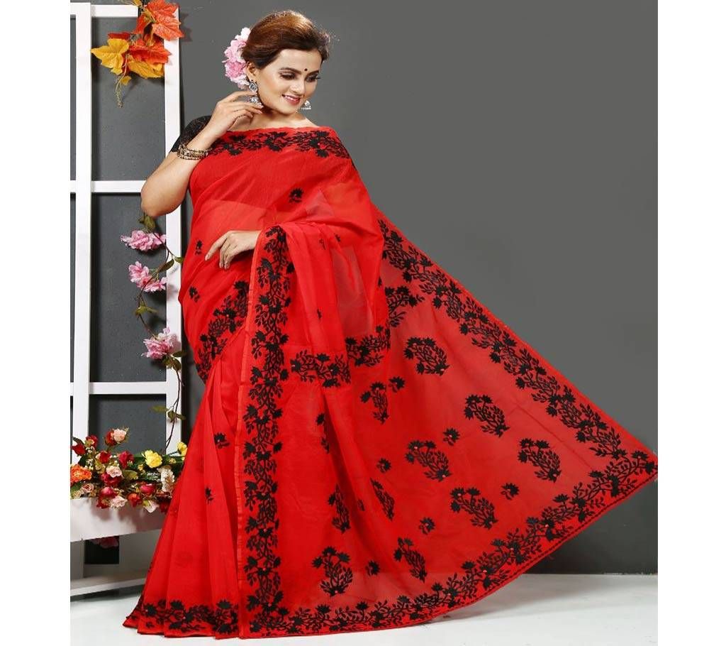 Red Maroon with Black Design in Whole Body Silk Sharee - 124