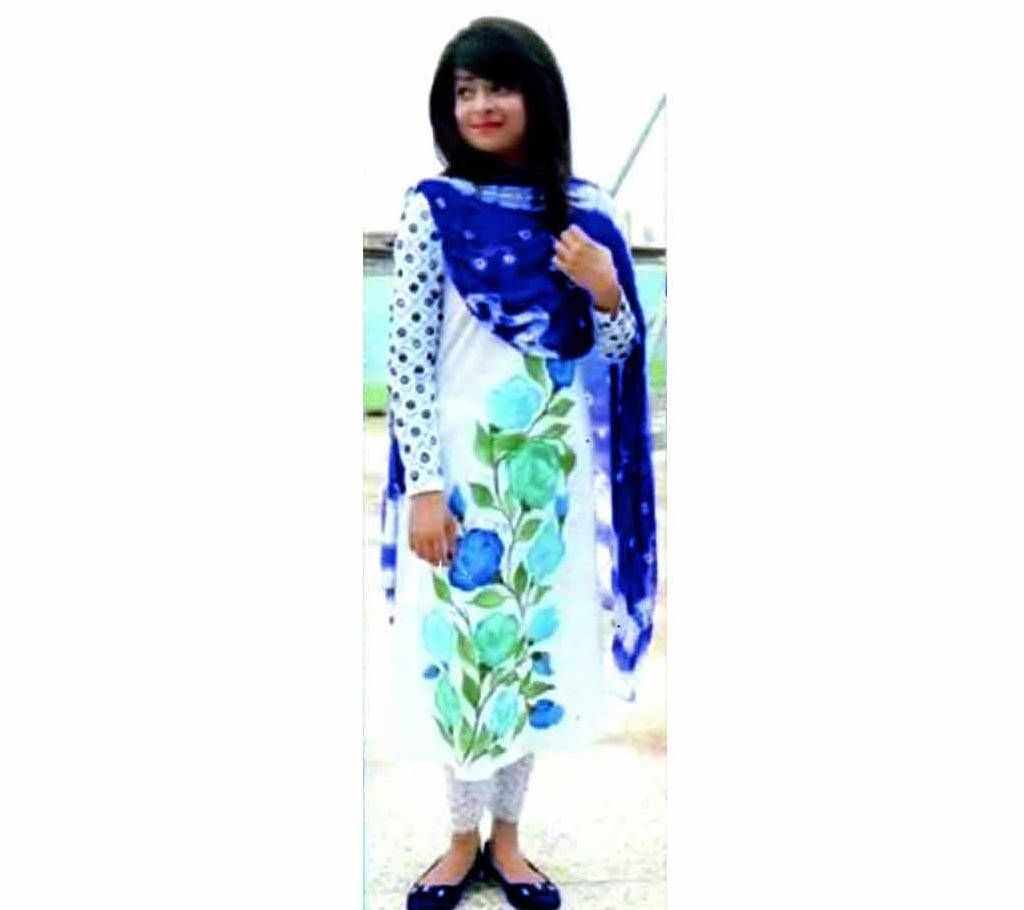 Unstitched Cotton Block Three Piece  - White Color with Blue And paste Block print - DNO003