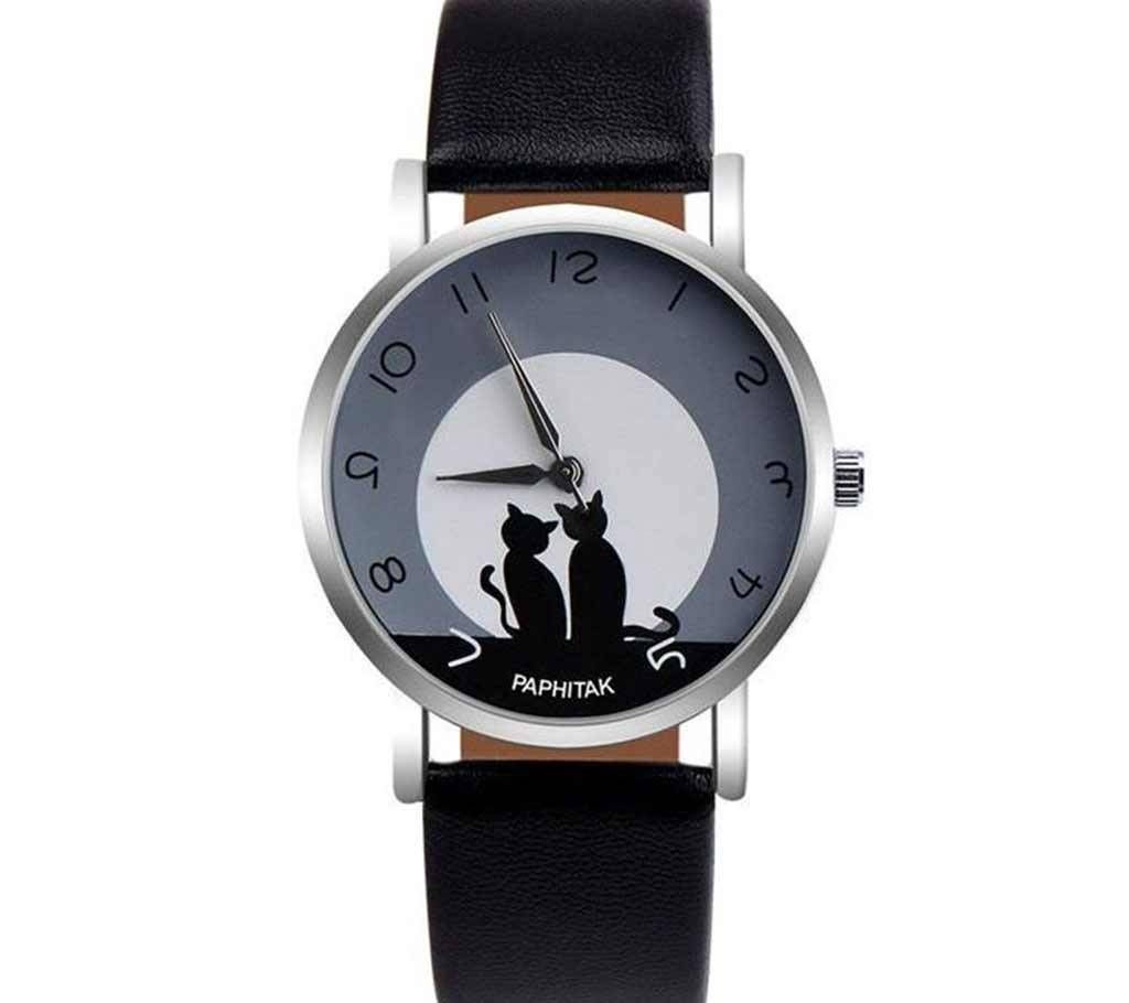 Womens Cat Faux Leather Analog Watch