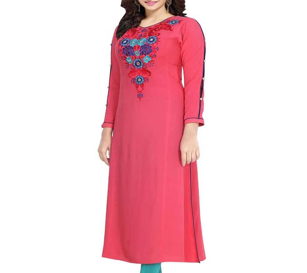 Pink Lilen Stitched Ready to Wear Kurti - D_114 - Rose Pink with Multi Design