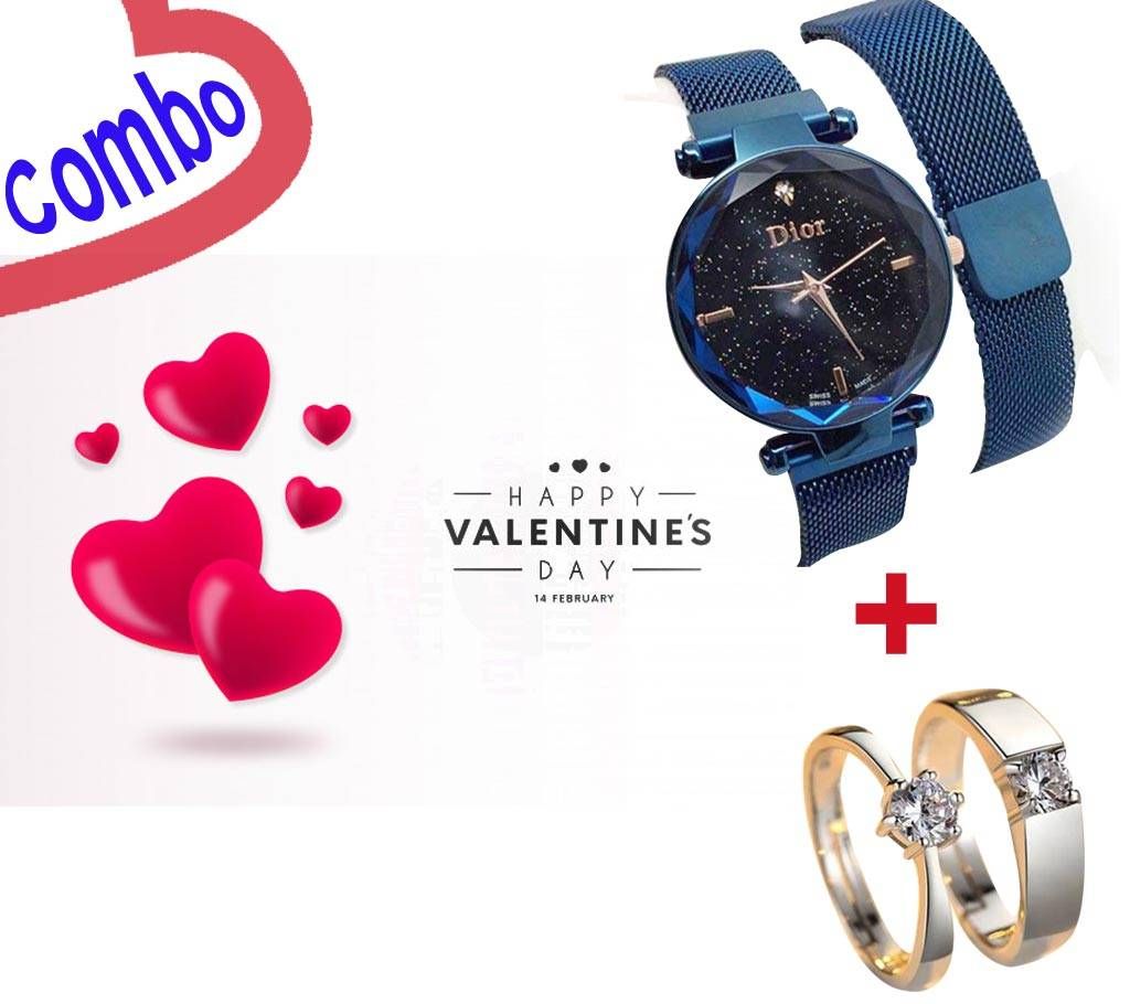 Valentines Watch & Couple Finger Ring Combo