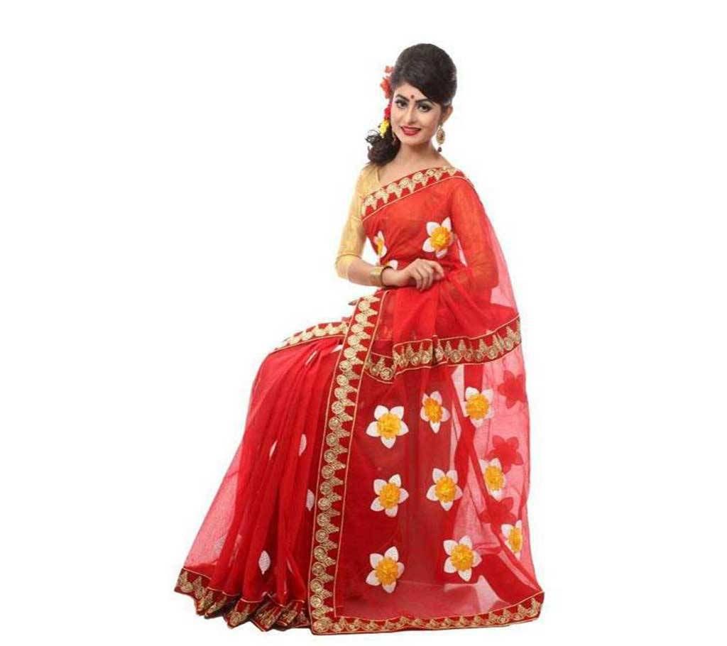 RED PURE MUSLIN SILK WITH HAND EMBROIDERY Sharee