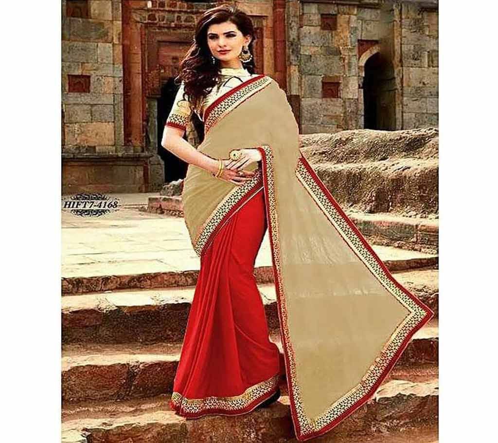 Harley Queen Moccasin and Red Georgette Saree for Women