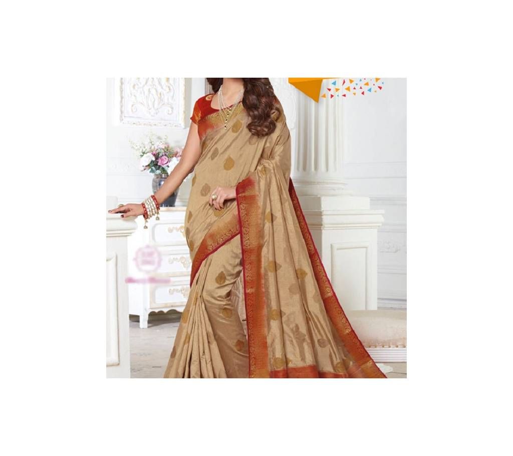 Burlywood and Maroon Silk Indian Saree