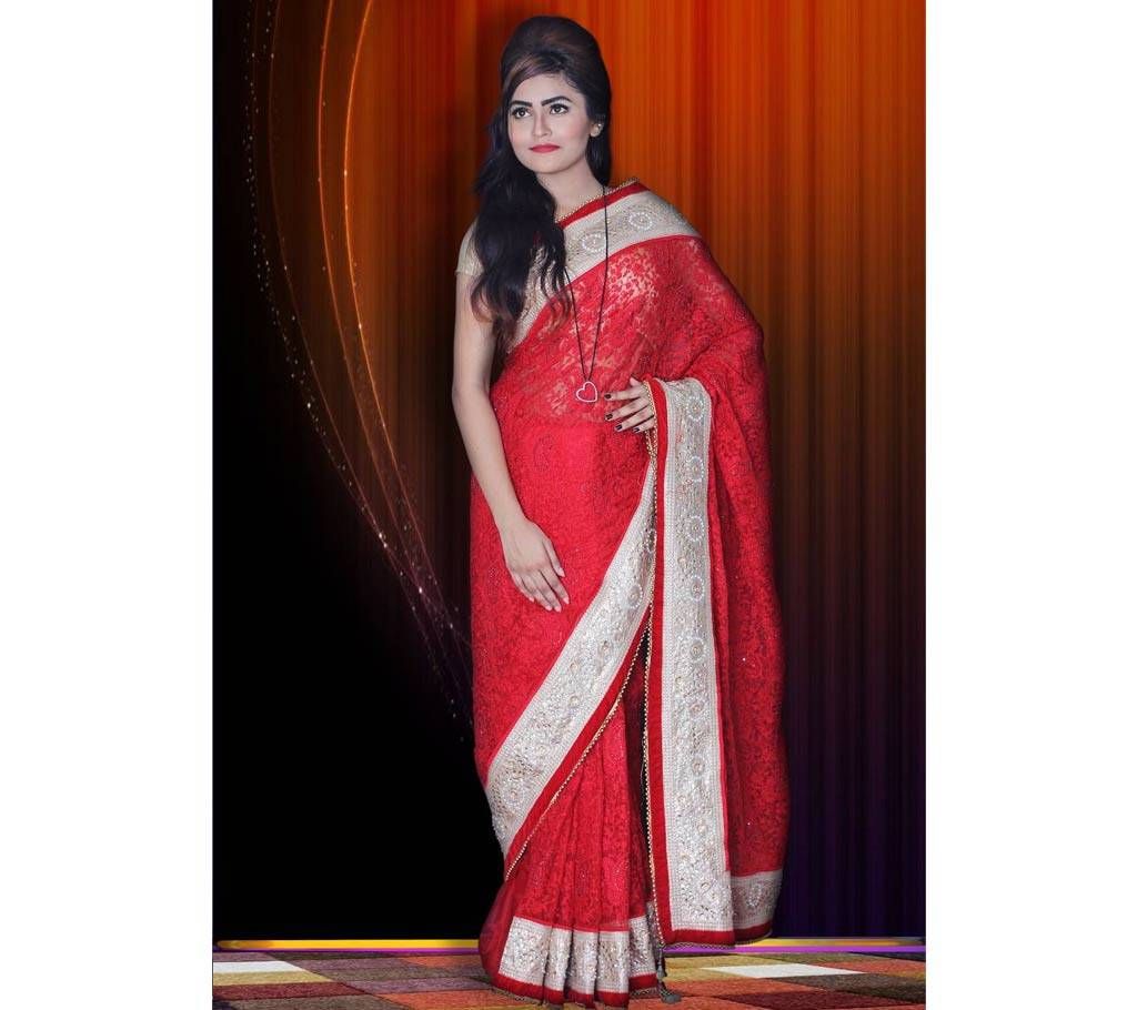 Red and white cotton sharee