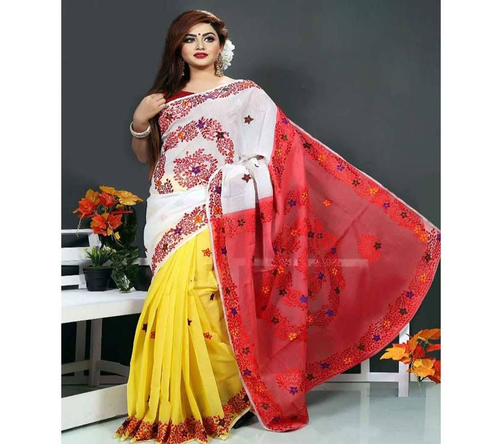Off White and Yellow and Red Maroon Mix with Whole Body Flower Design Work Silk Sharee - 106