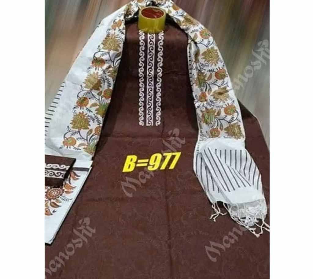Unstitched Block Printed Three Piece for Women Chocolate Color