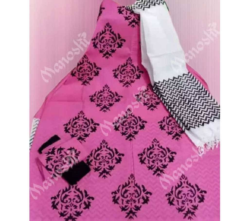 Unstitched Block Printed Three Piece for Women Deep Pink Color