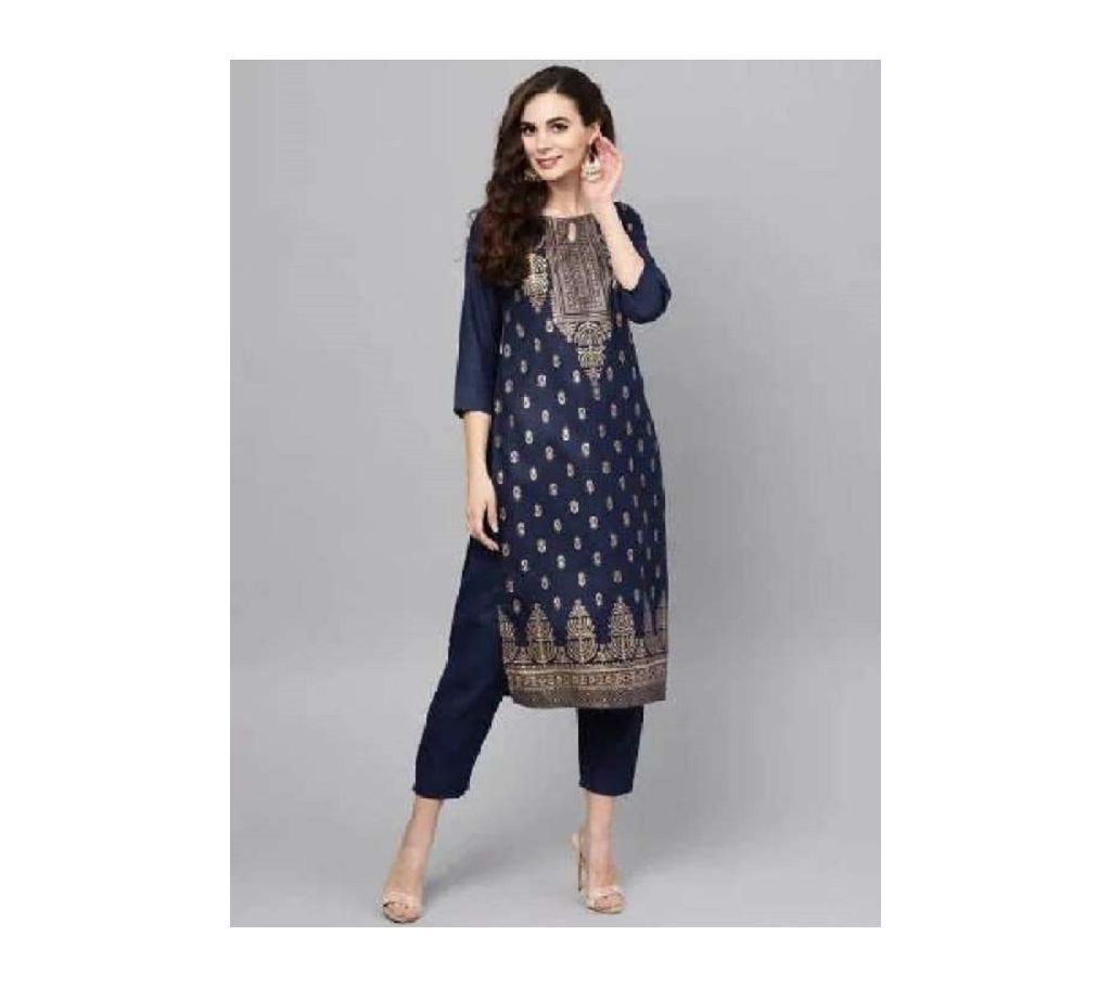 Unstiched Block Printed Cotton Salwar Kameez For Women Navy Blue Color