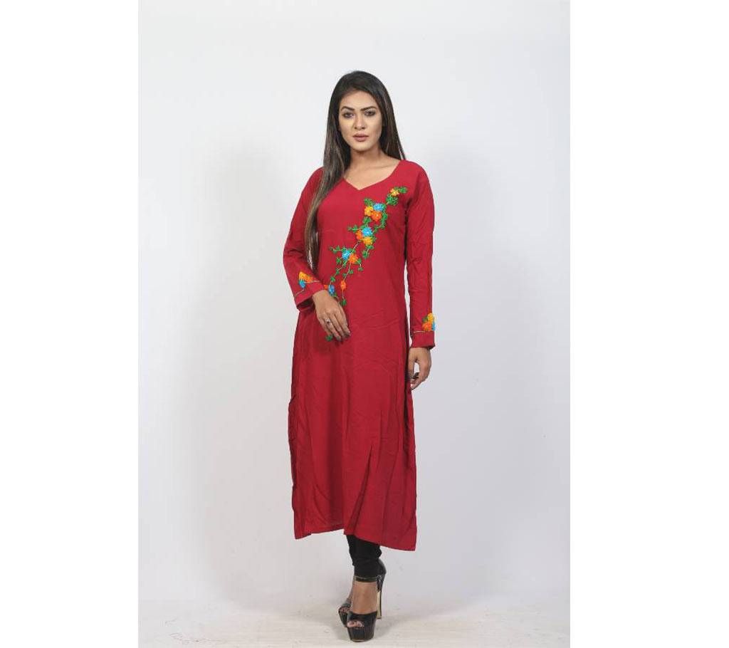 Dark Red Linen Kurti For Women
