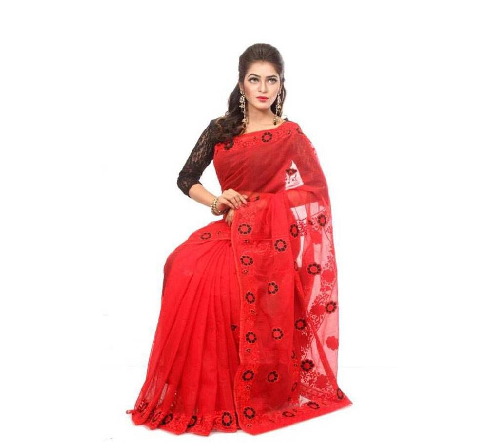 Red Pure muslin silk  hand embroidery saree