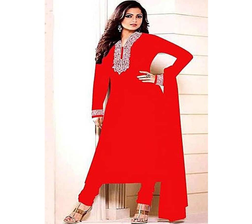 Unstitched Red Cotton Block Printed Shalwar Kameez 