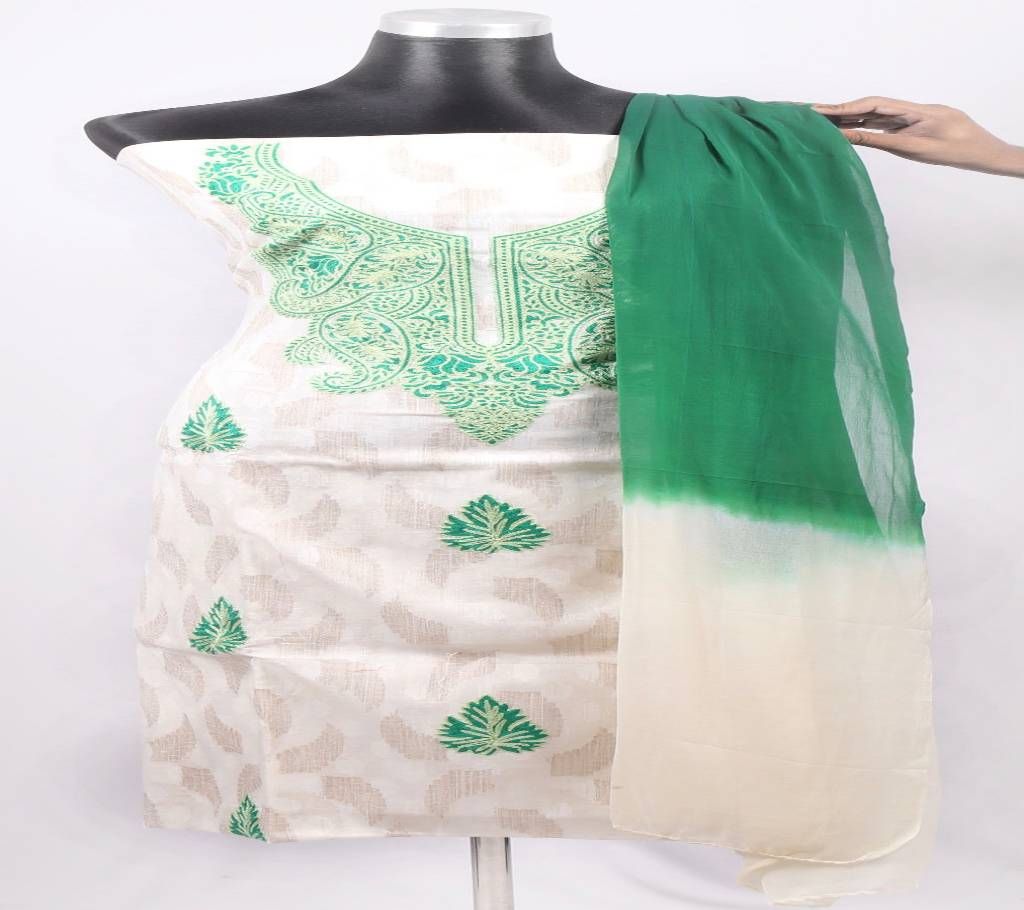 Kashmiri Unstitched Green and White 3 Pieces