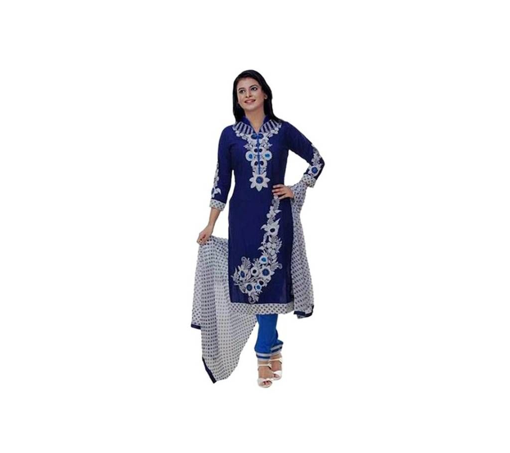 Blue Cotton Un-stitched Block Printed Shalwar Kameez For Women