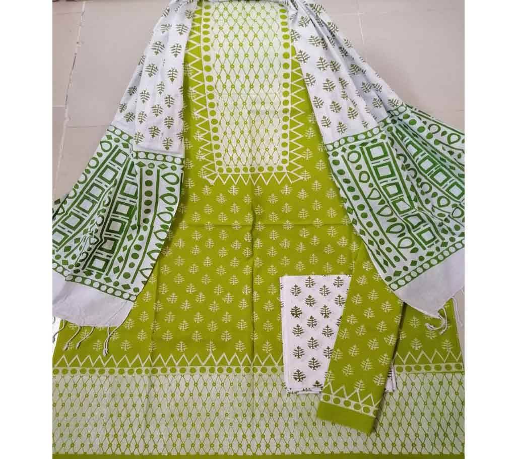 Unstitched Cotton Block Three Piece - 16 Lime Green with Mix Color Design