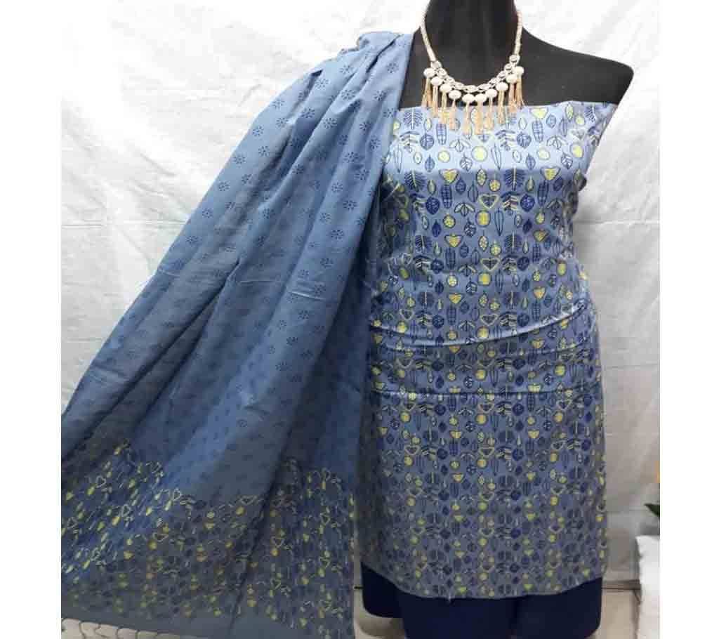 Unstitched Screen Print Cotton 3pcs 05 -Stone Blue - SLF