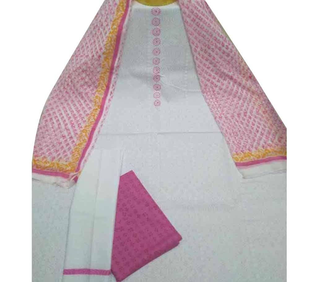 ব্লক প্রিন্টেড আনস্টিচড কটন থ্রি পিস - White Pink 