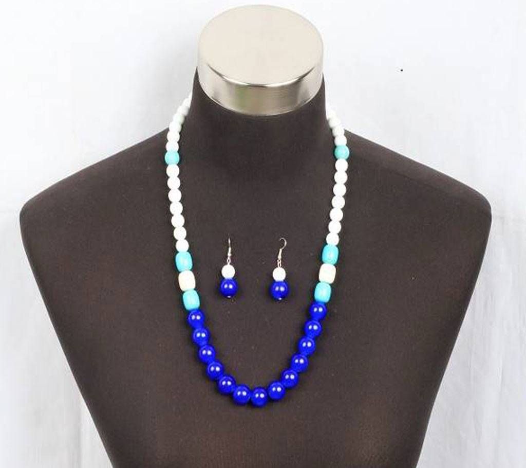 Blue & White Beads Necklace with Earrings 