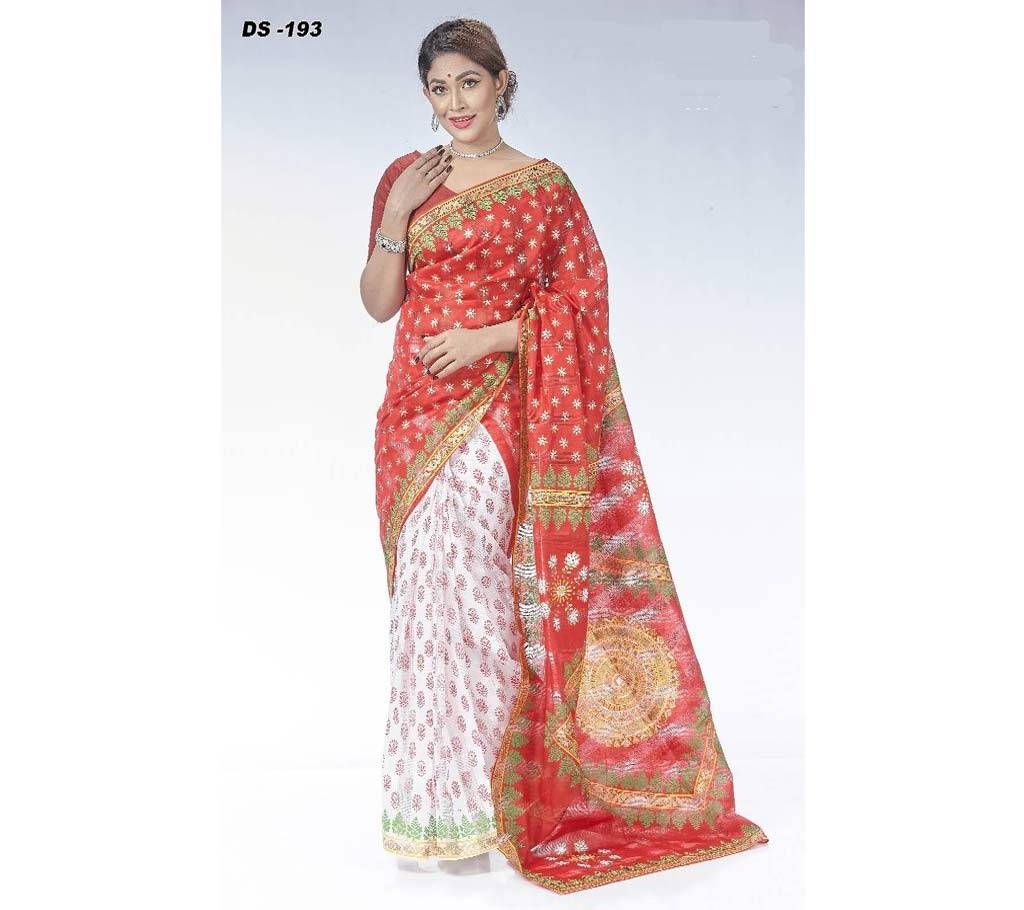 Check silk block printed saree