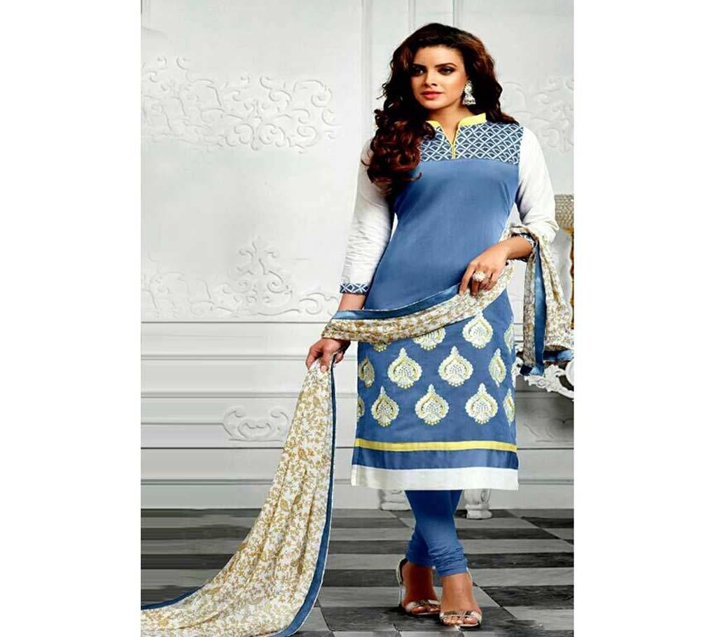 Cotton Block 3pc - Grey Color with Sky blue And Gold Color Block print