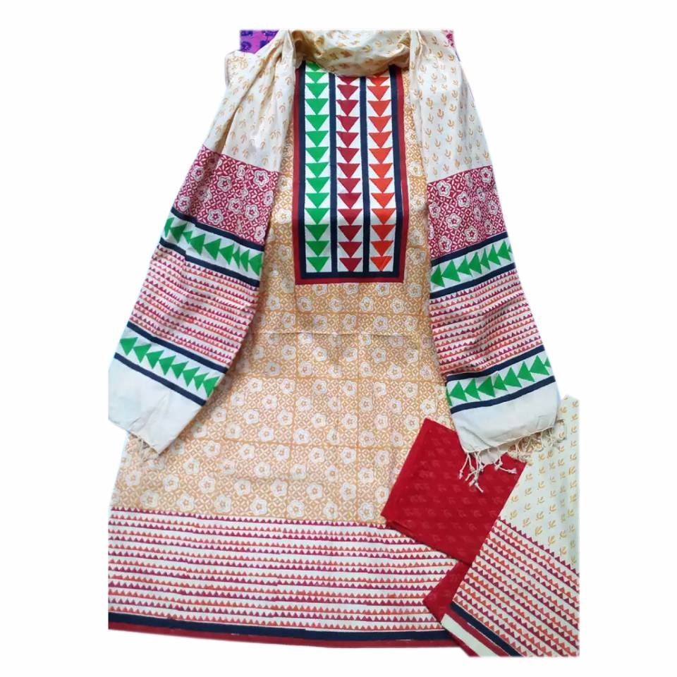 Unstitched Block Printed Cotton Three Piece Dress 