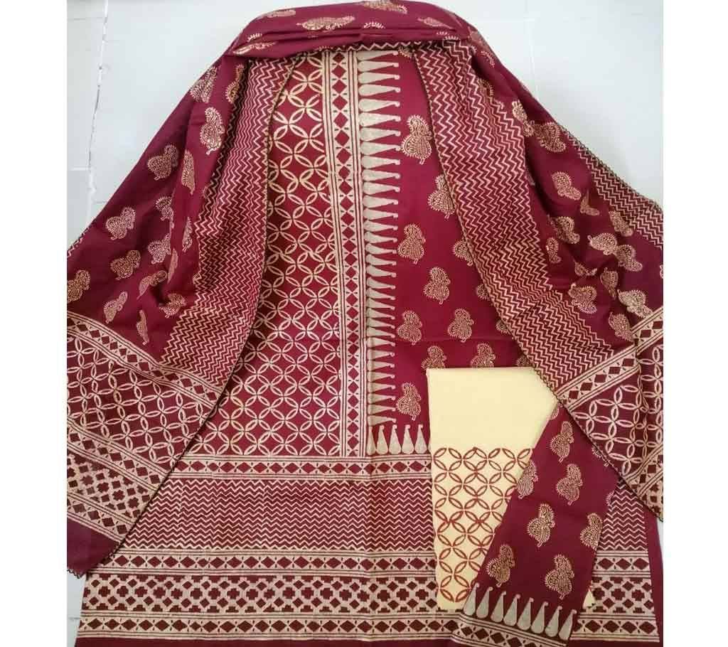 Unstitched Cotton Block Three Piece - 17 Maroon with Mix Color Design