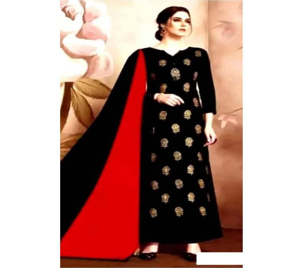 Unstitched Cotton Block 3Pcs 20 - Black with Red Dupatta - ORP